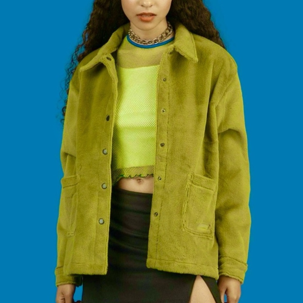 Unif Debbie Jacket Green Fuzzy Snap Button Oversi… - image 1